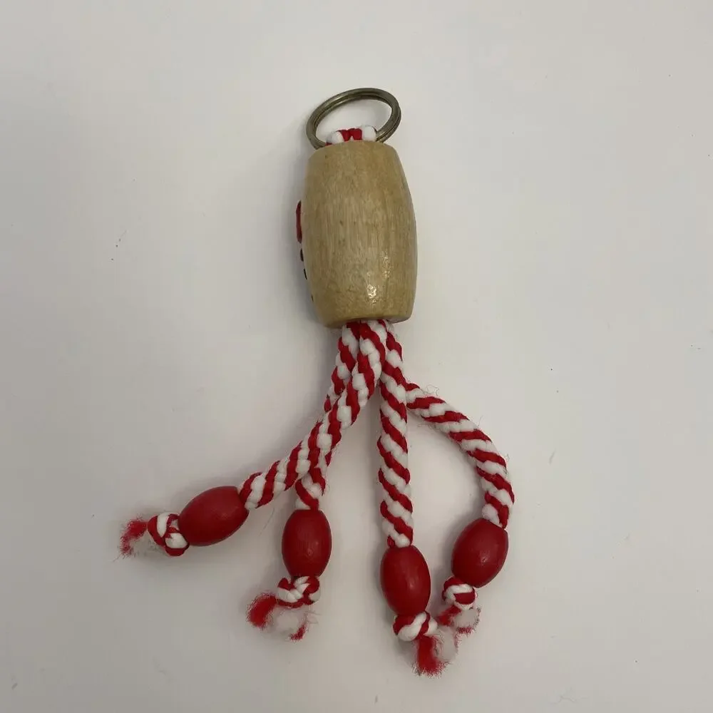 Rope & Wood Bead TASSEL KEYCHAIN Vintage 7” RED Mushroom Hippie 60s 70s 180